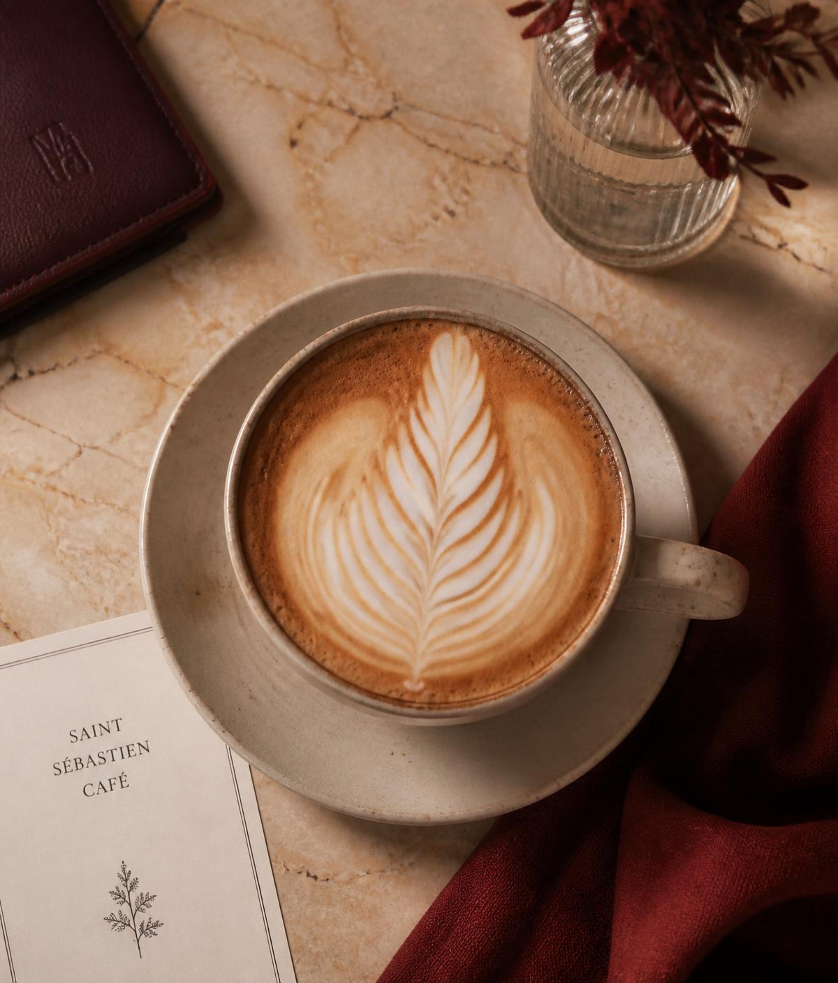 Cappuccino mit handgegossener Latte-Art-Rosette auf hellem Marmortisch